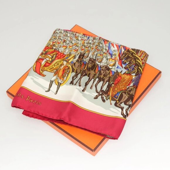 HERMES Carre 90 Scarf ""GRAND CORTEGE A MOSCOU"" Silk Red Auth hk2432 - Picture 1 of 16